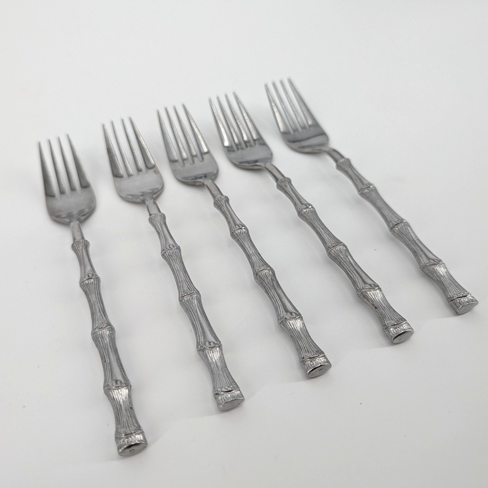 Oxford Hall Stainless Japan Bamboo Handle Dinner Forks Set of 5 7.75"